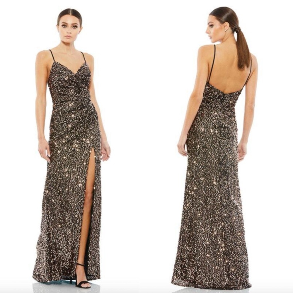 NWT Mac Duggal Sequined Gown Bronze Size 10 Gather Waist Low Back Formal Gown
